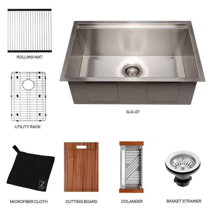 ZLINE 27 in. Garmisch Undermount Single Bowl Stainless Steel Kitchen Sink with Bottom Grid and Accessories, SLS-27