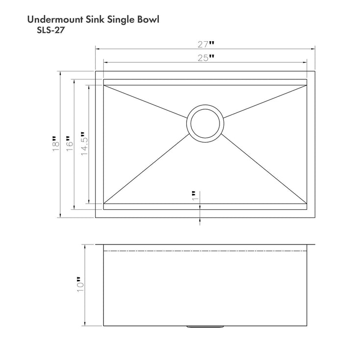 ZLINE 27 in. Garmisch Undermount Single Bowl Stainless Steel Kitchen Sink with Bottom Grid and Accessories, SLS-27