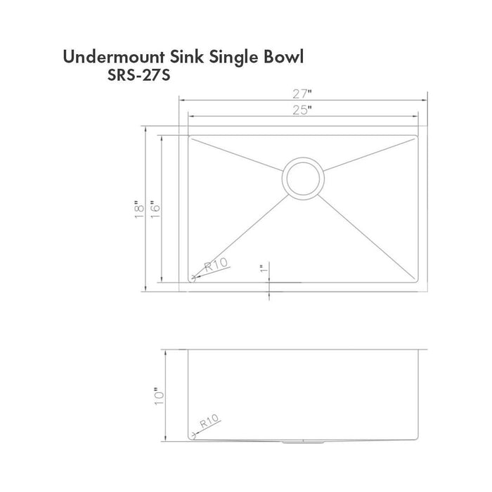 ZLINE 27 in. Meribel Undermount Single Bowl DuraSnow® Stainless Steel Kitchen Sink with Bottom Grid, SRS-27S