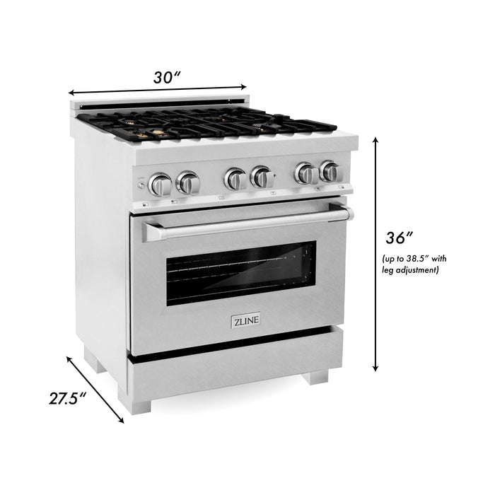 ZLINE Ranges ZLINE 30" 4.0 cu. ft. Gas Burner, Electric Oven with Griddle and Brass Burners in DuraSnow® Stainless Steel, RAS-SN-BR-GR-30