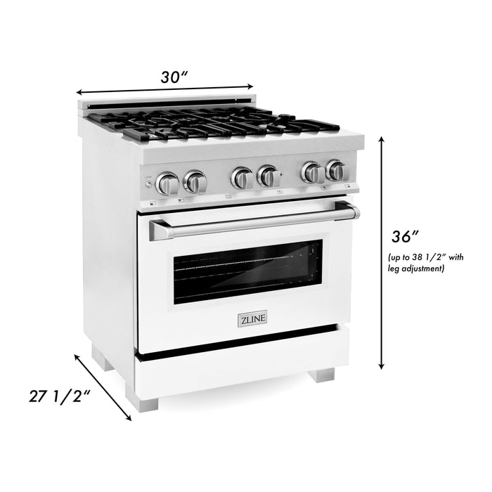 ZLINE Ranges ZLINE 30" 4.0 cu. ft. Gas Burner, Electric Oven with Griddle and White Matte Door in DuraSnow® Stainless Steel, RAS-WM-GR-30