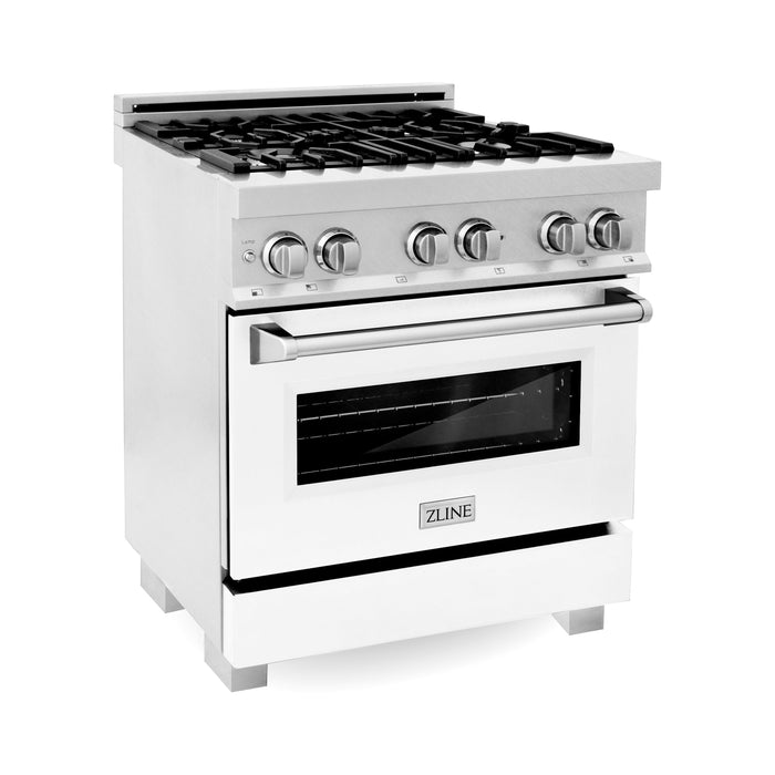 ZLINE Ranges ZLINE 30" 4.0 cu. ft. Gas Burner, Electric Oven with Griddle and White Matte Door in DuraSnow® Stainless Steel, RAS-WM-GR-30