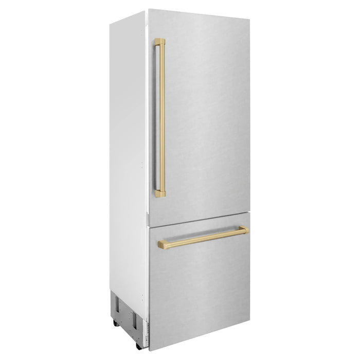 ZLINE 30" Autograph 16.1 cu. ft. Built-In Refrigerator with Internal Water and Ice Dispenser in Fingerprint Resistant Stainless Steel with Champagne Bronze Accents, RBIVZ-SN-30-CB