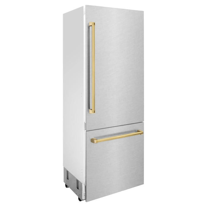 ZLINE 30" Autograph 16.1 cu. ft. Built-In Refrigerator with Internal Water and Ice Dispenser in Fingerprint Resistant Stainless Steel with Gold Accents, RBIVZ-SN-30-G