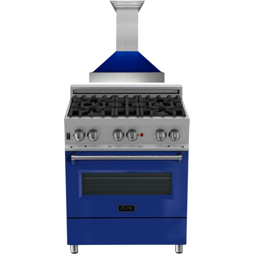 ZLINE Kitchen Appliance Packages ZLINE 30" Dual Fuel Range in DuraSnow with Blue Gloss Door & 30" Range Hood Appliance Package 2KP-RASBGRH30