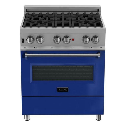 ZLINE Kitchen Appliance Packages ZLINE 30" Dual Fuel Range in DuraSnow with Blue Gloss Door & 30" Range Hood Appliance Package 2KP-RASBGRH30