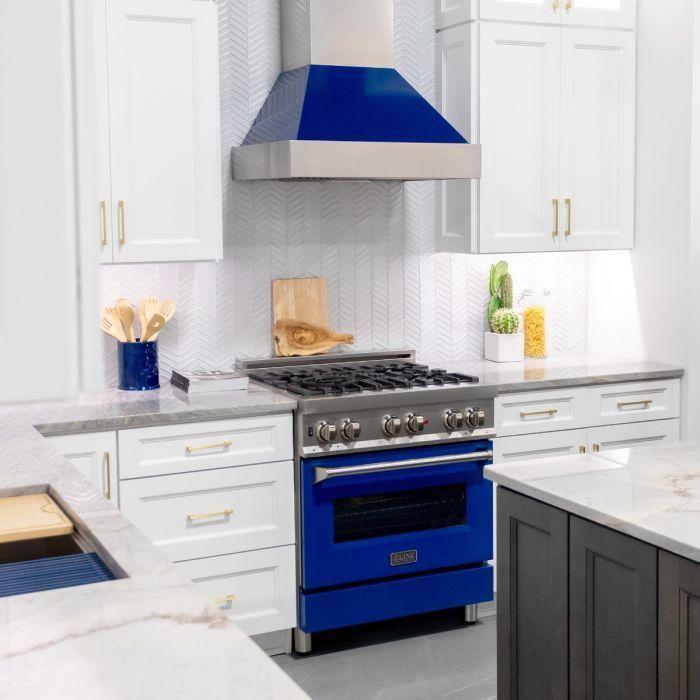 ZLINE 30" Dual Fuel Range in DuraSnow with Blue Gloss Door & 30" Range Hood Appliance Package 2KP-RASBGRH30