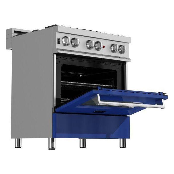 ZLINE 30" Dual Fuel Range in DuraSnow with Blue Gloss Door & 30" Range Hood Appliance Package 2KP-RASBGRH30