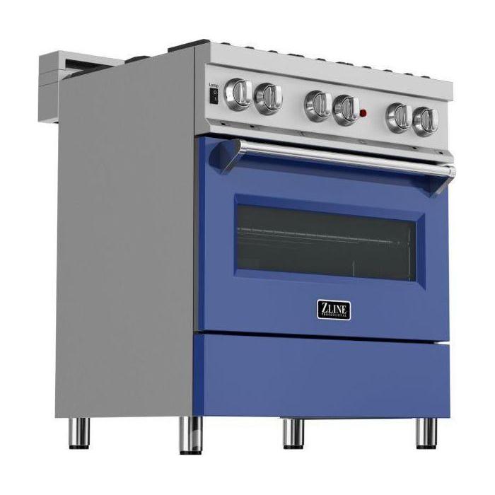 ZLINE 30" Dual Fuel Range In DuraSnow with Blue Matte Door and 30" Range Hood Appliance Package 2KP-RASBMRH30