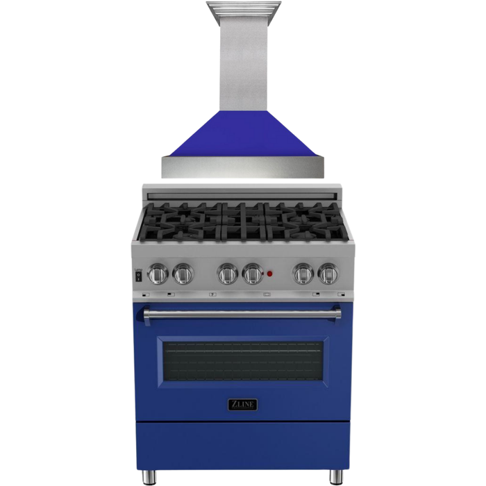 ZLINE 30" Dual Fuel Range In DuraSnow with Blue Matte Door and 30" Range Hood Appliance Package 2KP-RASBMRH30