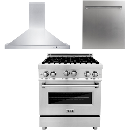 ZLINE 30 Gas Range, 30 Range Hood and Dishwasher Appliance Package