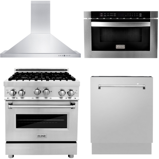 ZLINE 30 Gas Range, 30 Range Hood, Microwave Drawer and 3 Rack Dishwasher Appliance Package