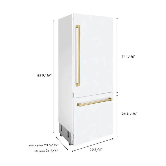 ZLINE 30 In. 16.1 cu. ft. Built-In Refrigerator with Internal Water and Ice Dispenser in White Matte with Champagne Bronze Accents, RBIVZ-WM-30-CB