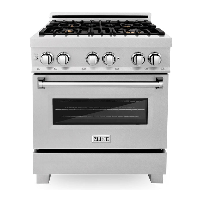 ZLINE 30 In. 4.0 cu. ft. Gas Burner, Electric Oven with Griddle and Brass Burners in DuraSnow® Stainless Steel, RAS-SN-BR-GR-30