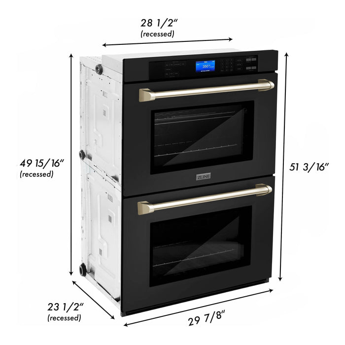 ZLINE 30 In. Autograph Edition Double Wall Oven with Self Clean and True Convection in Black Stainless Steel and Gold, AWDZ-30-BS-G