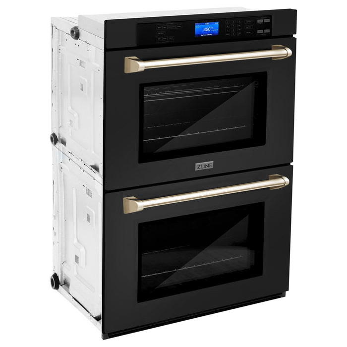 ZLINE 30 In. Autograph Edition Double Wall Oven with Self Clean and True Convection in Black Stainless Steel and Gold, AWDZ-30-BS-G