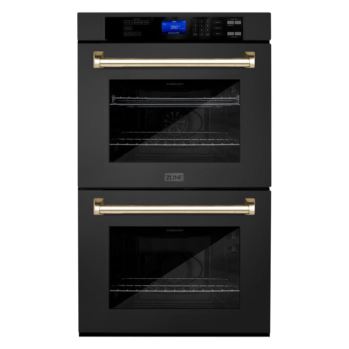 ZLINE 30 In. Autograph Edition Double Wall Oven with Self Clean and True Convection in Black Stainless Steel and Gold, AWDZ-30-BS-G