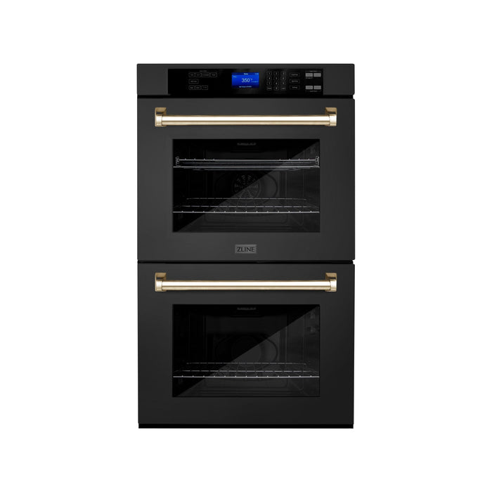 ZLINE Wall Ovens ZLINE 30 In. Autograph Edition Double Wall Oven with Self Clean and True Convection in Black Stainless Steel and Gold, AWDZ-30-BS-G