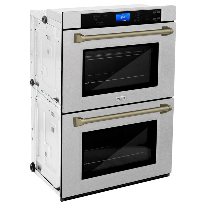 ZLINE 30 In. Autograph Edition Double Wall Oven with Self Clean and True Convection in DuraSnow® Stainless Steel and Champagne Bronze, AWDSZ-30-CB