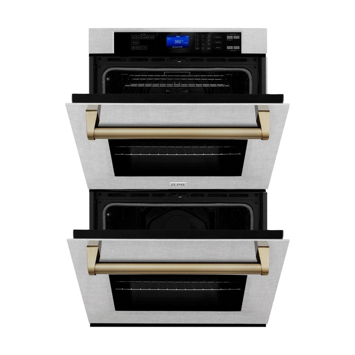 ZLINE 30 In. Autograph Edition Double Wall Oven with Self Clean and True Convection in DuraSnow® Stainless Steel and Champagne Bronze, AWDSZ-30-CB