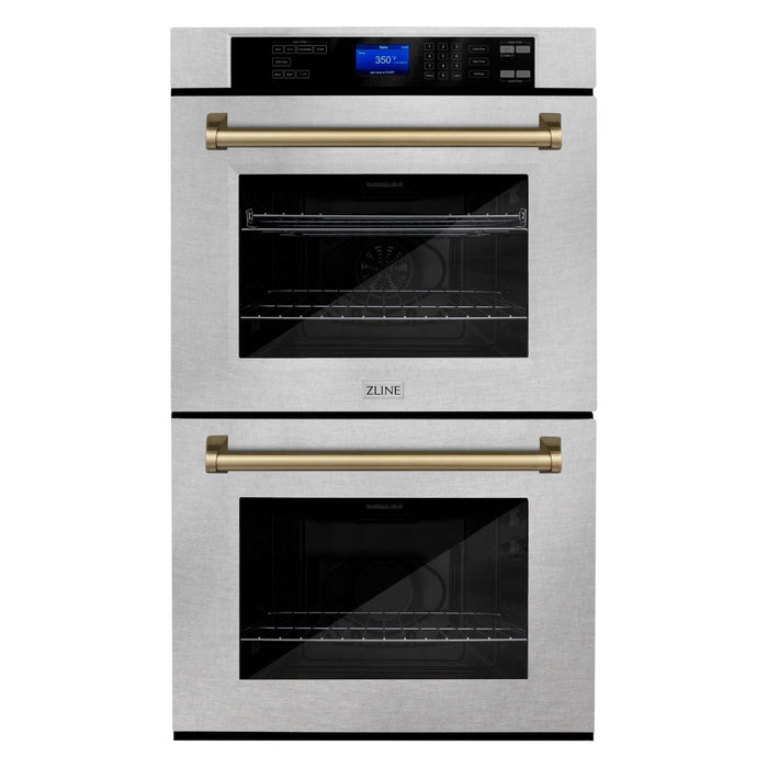 ZLINE 30 In. Autograph Edition Double Wall Oven with Self Clean and True Convection in DuraSnow® Stainless Steel and Champagne Bronze, AWDSZ-30-CB