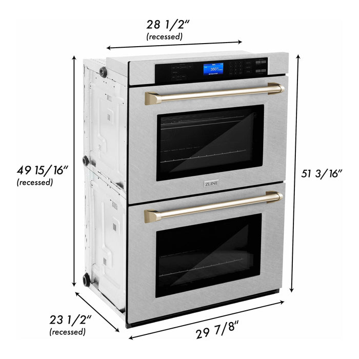 ZLINE 30 In. Autograph Edition Double Wall Oven with Self Clean and True Convection in DuraSnow® Stainless Steel and Gold, AWDSZ-30-G