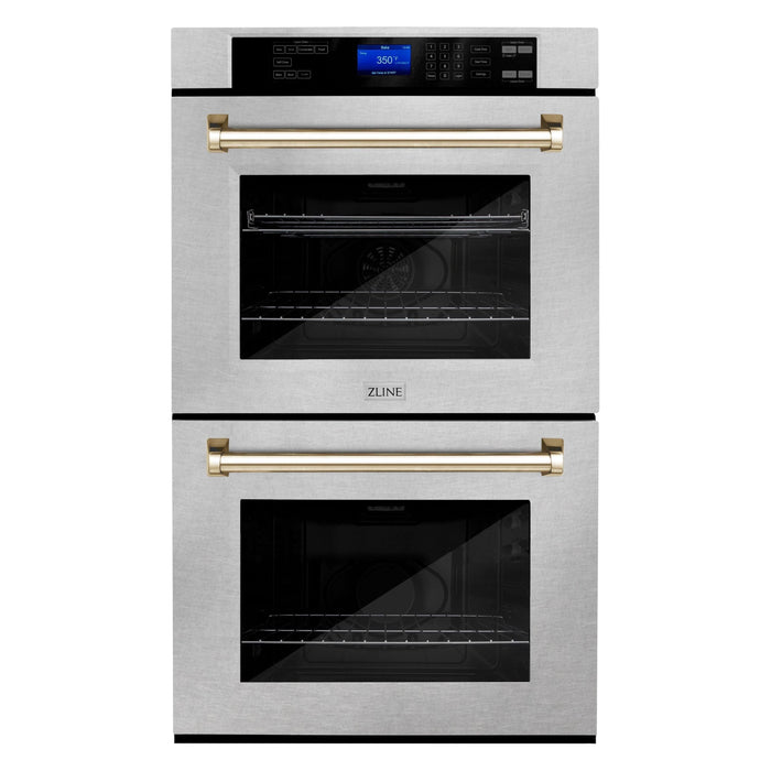 ZLINE 30 In. Autograph Edition Double Wall Oven with Self Clean and True Convection in DuraSnow® Stainless Steel and Gold, AWDSZ-30-G