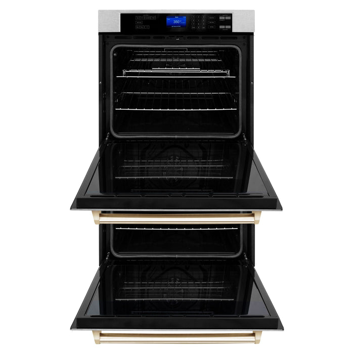 ZLINE 30 In. Autograph Edition Double Wall Oven with Self Clean and True Convection in DuraSnow® Stainless Steel and Gold, AWDSZ-30-G