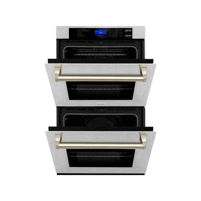 ZLINE 30 In. Autograph Edition Double Wall Oven with Self Clean and True Convection in DuraSnow® Stainless Steel and Gold, AWDSZ-30-G