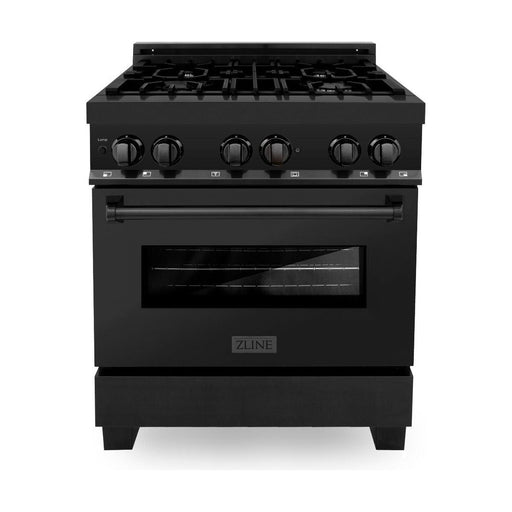 ZLINE 30 in. Black Stainless Steel Dual Fuel Range, Range Hood, Microwave and Dishwasher Appliance Package