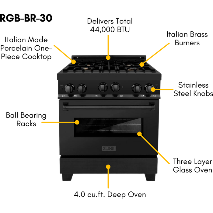 ZLINE Kitchen Appliance Packages ZLINE 30 in. Black Stainless Steel Gas Range, Convertible Vent Range Hood and Microwave Drawer Kitchen Appliance Package 3KP-RGBRH30-MW