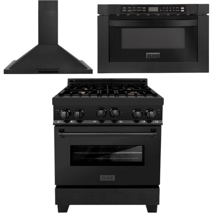 ZLINE 30 in. Black Stainless Steel Gas Range, Convertible Vent Range Hood and Microwave Drawer Kitchen Appliance Package 3KP-RGBRH30-MW