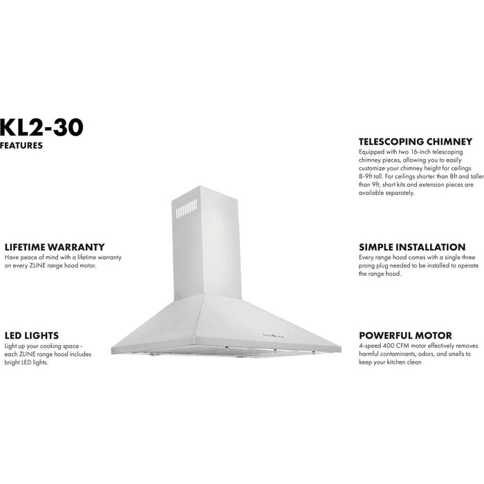 ZLINE 30 in. Convertible Vent Wall Mount Range Hood in Stainless Steel, KL2-30