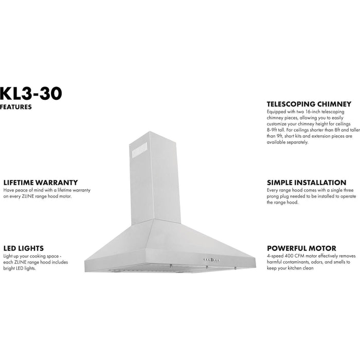 ZLINE 30 in. Convertible Vent Wall Mount Range Hood in Stainless Steel, KL3-30