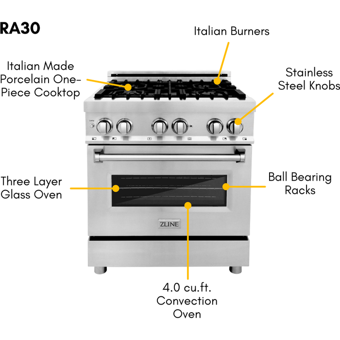 ZLINE Kitchen Appliance Packages ZLINE 30 in. Dual Fuel Range, 30 in. Range Hood and Microwave Oven Appliance Package 3KP-RARHC30-DWV