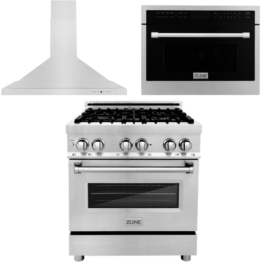 ZLINE 30 in. Dual Fuel Range, 30 in. Range Hood and Microwave Oven Appliance Package 3KP-RARHC30-DWV