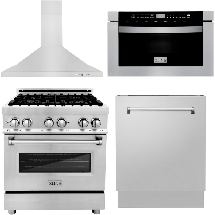 ZLINE 30 in. Dual Fuel Range, 30 in. Range Hood, Microwave Drawer and 3 Rack Dishwasher Appliance Package 4KP-RARH30-MWDWV