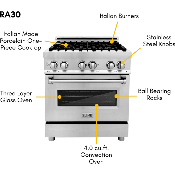 ZLINE 30 in. Dual Fuel Range, 30 in. Range Hood, Microwave Drawer and 3 Rack Dishwasher Appliance Package 4KP-RARH30-MWDWV