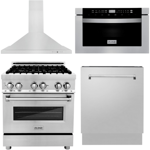 ZLINE Kitchen Appliance Packages ZLINE 30 in. Dual Fuel Range, 30 in. Range Hood, Microwave Drawer and 3 Rack Dishwasher Appliance Package 4KP-RARH30-MWDWV