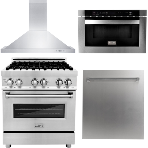 ZLINE 30 in. Dual Fuel Range, 30 in. Range Hood, Microwave Drawer and Dishwasher Appliance Package