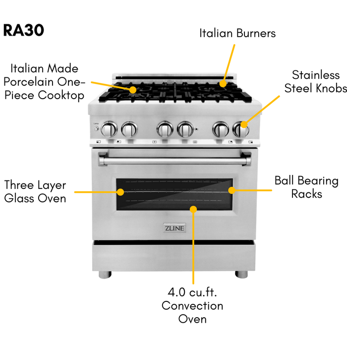 ZLINE 30 in. Dual Fuel Range, 30 in. Range Hood, Microwave Drawer and Dishwasher Appliance Package 4KP-RARH30-MWDW