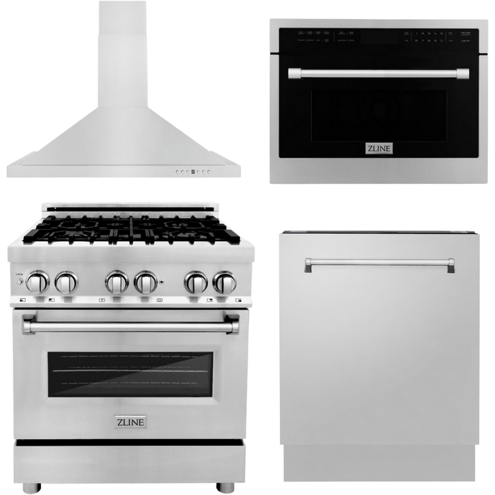 ZLINE 30 in. Dual Fuel Range, 30 in. Range Hood, Microwave Oven and 3 Rack Dishwasher Appliance Package 4KP-RARH30-MODWV