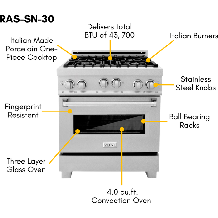 ZLINE 30 in. Dual Fuel Range and Range Hood In DuraSnow Stainless Steel Appliance Package 2KP-RASSNRH30