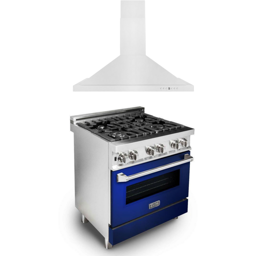 ZLINE 30 in. Dual Fuel Range In Blue Gloss and 30 in. Range Hood Appliance Package 2KP-RABGRH30