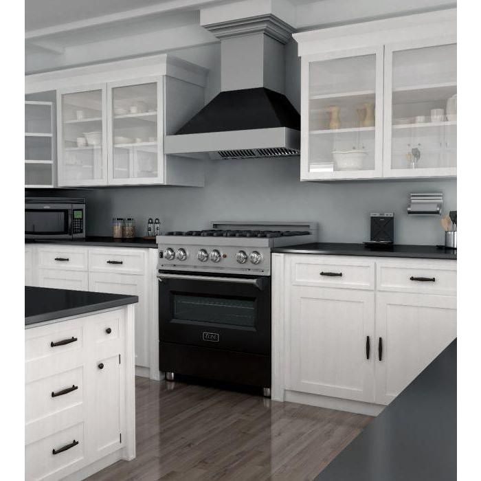 ZLINE 30 in. Dual Fuel Range in DuraSnow with Black Matte Door and 30 in. Range Hood Appliance Package 2KP-RASBLMRH30