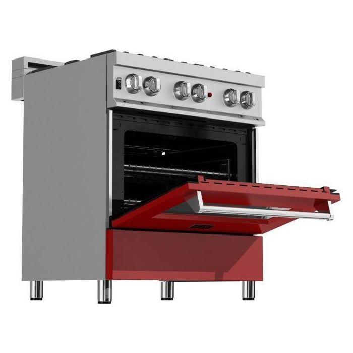 ZLINE 30 in. Dual Fuel Range In DuraSnow with Red Gloss Door and 30 in. Range Hood Appliance Package 2KP-RASRGRH30