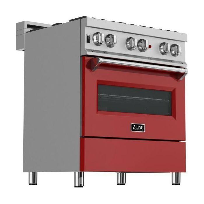 ZLINE 30 in. Dual Fuel Range In DuraSnow with Red Gloss Door and 30 in. Range Hood Appliance Package 2KP-RASRGRH30