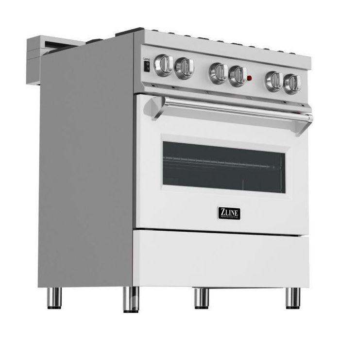 ZLINE 30 in. Dual Fuel Range In DuraSnow with White Matte Door and 30 in. Range Hood Appliance Package 2KP-RASWMRH30