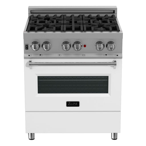 ZLINE 30 in. Dual Fuel Range In DuraSnow with White Matte Door and 30 in. Range Hood Appliance Package 2KP-RASWMRH30