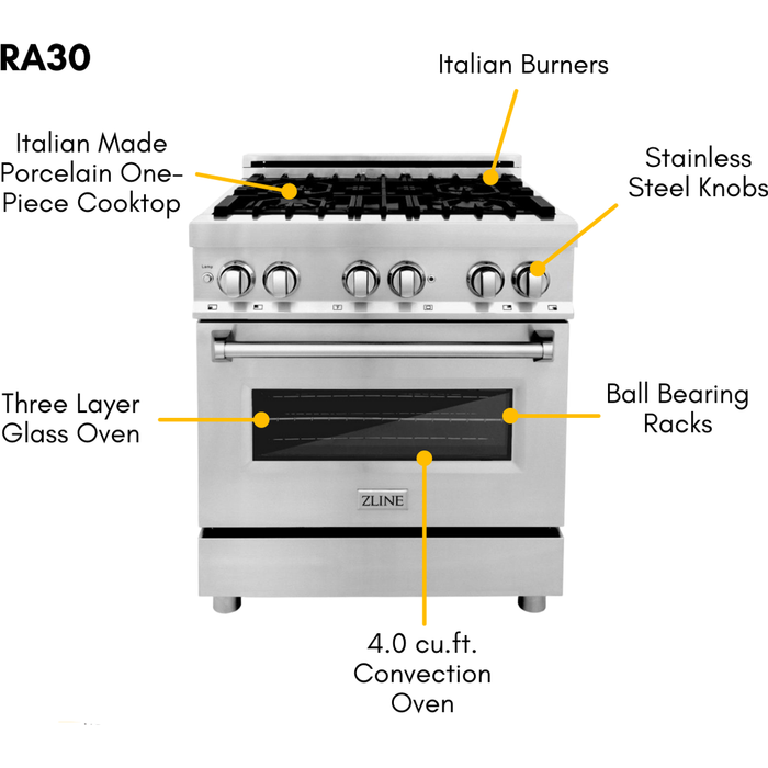 ZLINE 30 in. Dual Fuel Range, Range Hood, 3 Rack Dishwasher and Refrigerator Appliance Package 4KPR-RARH30-DWV